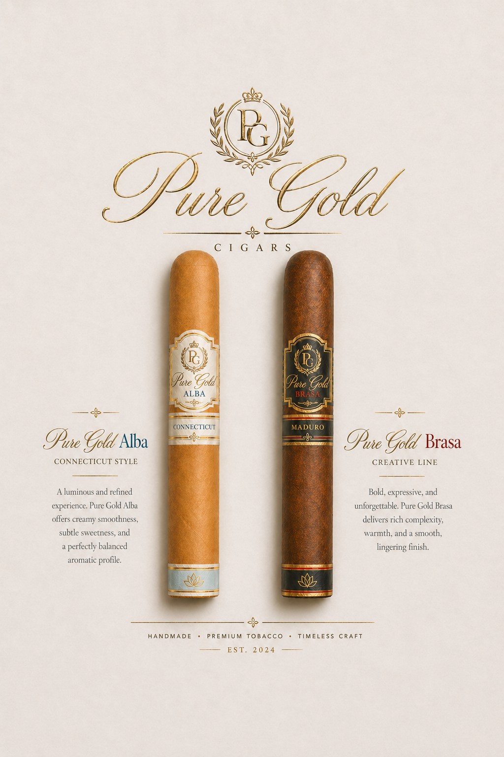 Pure Gold Cigars branded presentation board with Alba and Brasa cigars