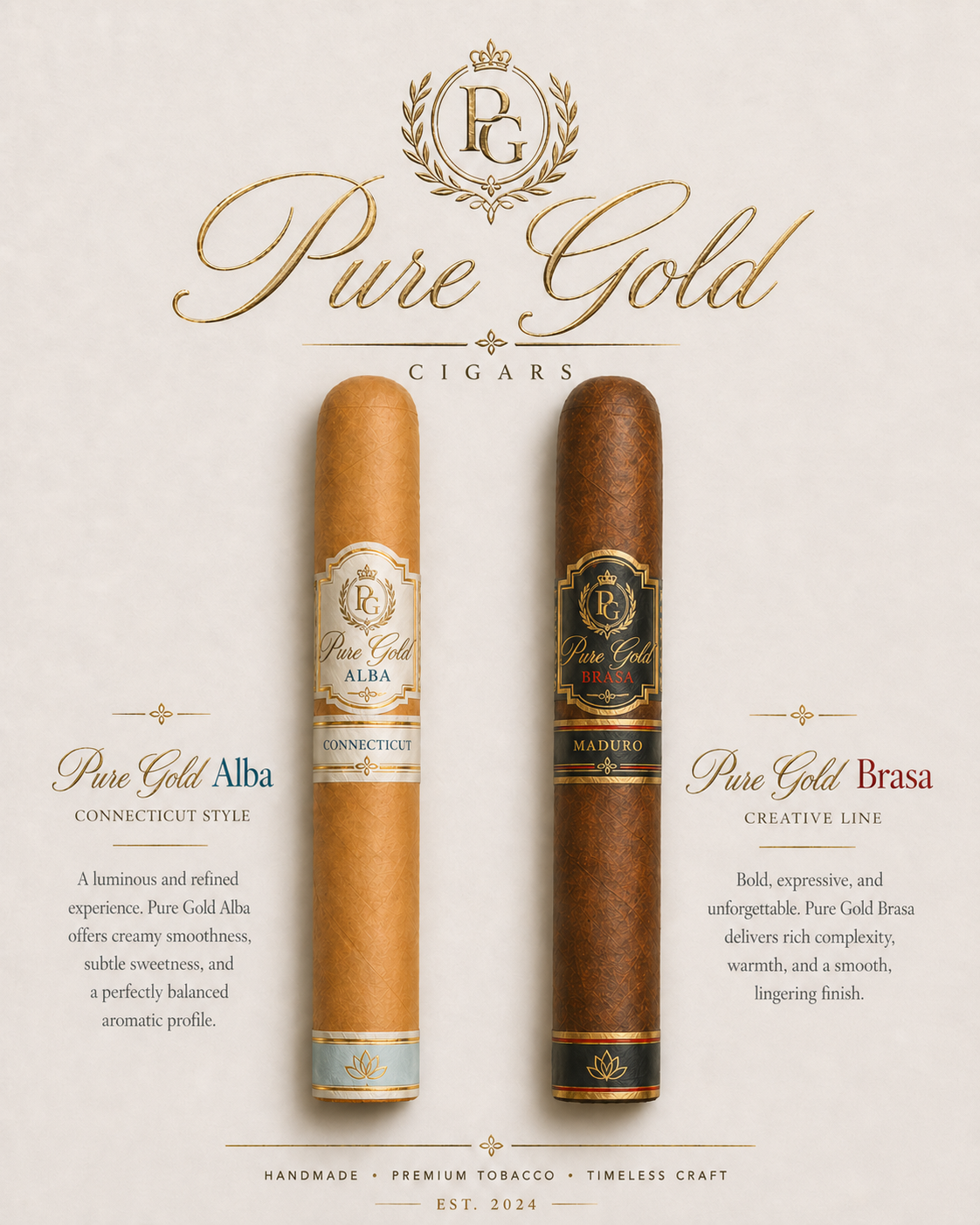 Pure Gold Cigars Alba and Brasa hero composition